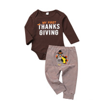 Thanksgiving Letter Long Sleeve Striped Pants Back Embroidered Pantsuits for Boys and Girls